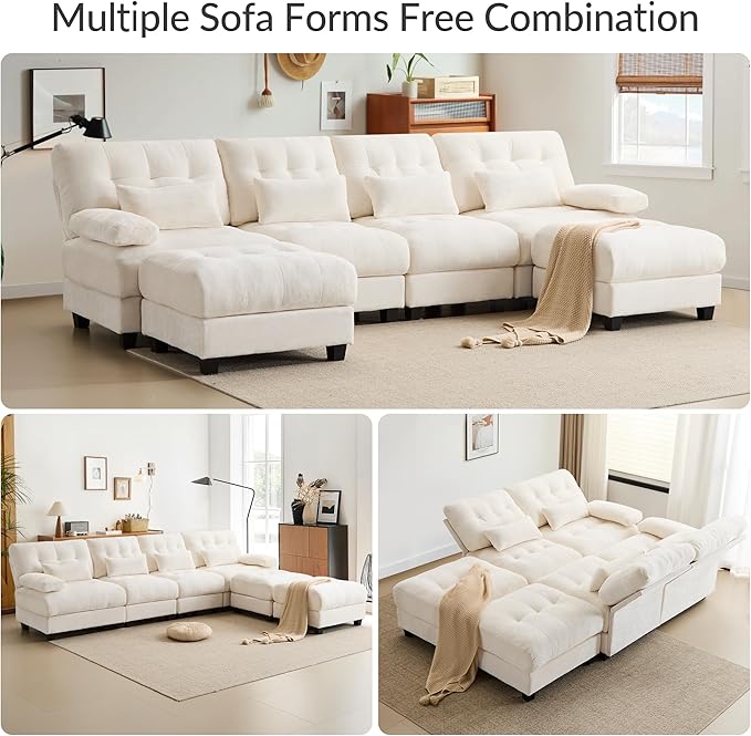 GRAINLLE 93'' Modular Sectional Cloud Couch with 1 Ottoman,Deep Seat Sleeper Sofa L Shaped Sectional Couch,Convertible Upholstered Comfy Chenille Sectional Sofa for Living Room,Bedroom(Ivory)