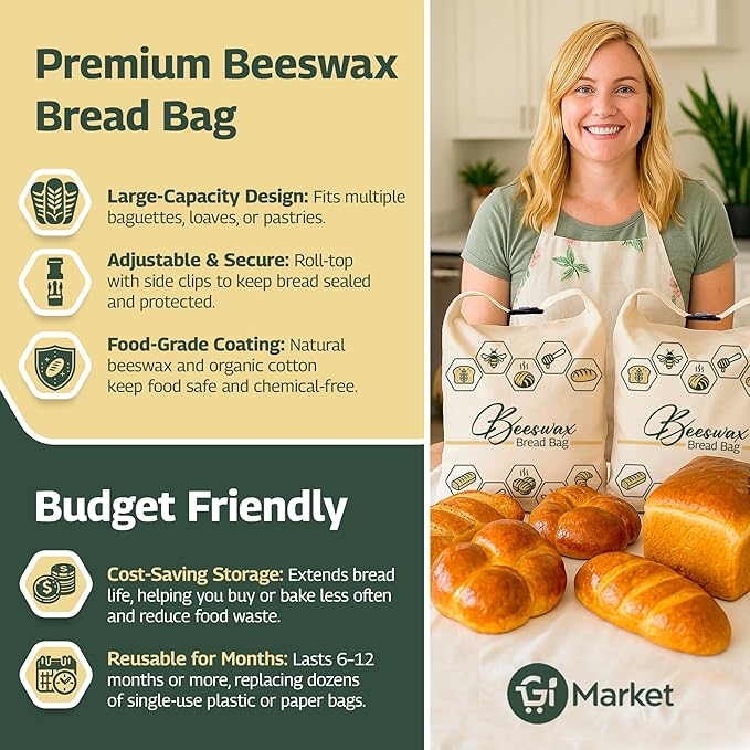 2pack Beeswax Bread Bag for Homemade - Reusable Beeswax Bread Bags for Sourdough Linen Freezer Bags - Storage for Fresh sourdough