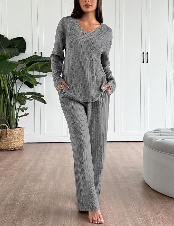 Ekouaer Lounge Sets for Women Long Sleeve Knit Ribbed Pajama Sets 2 Piece Casual Loungewear with Pockets