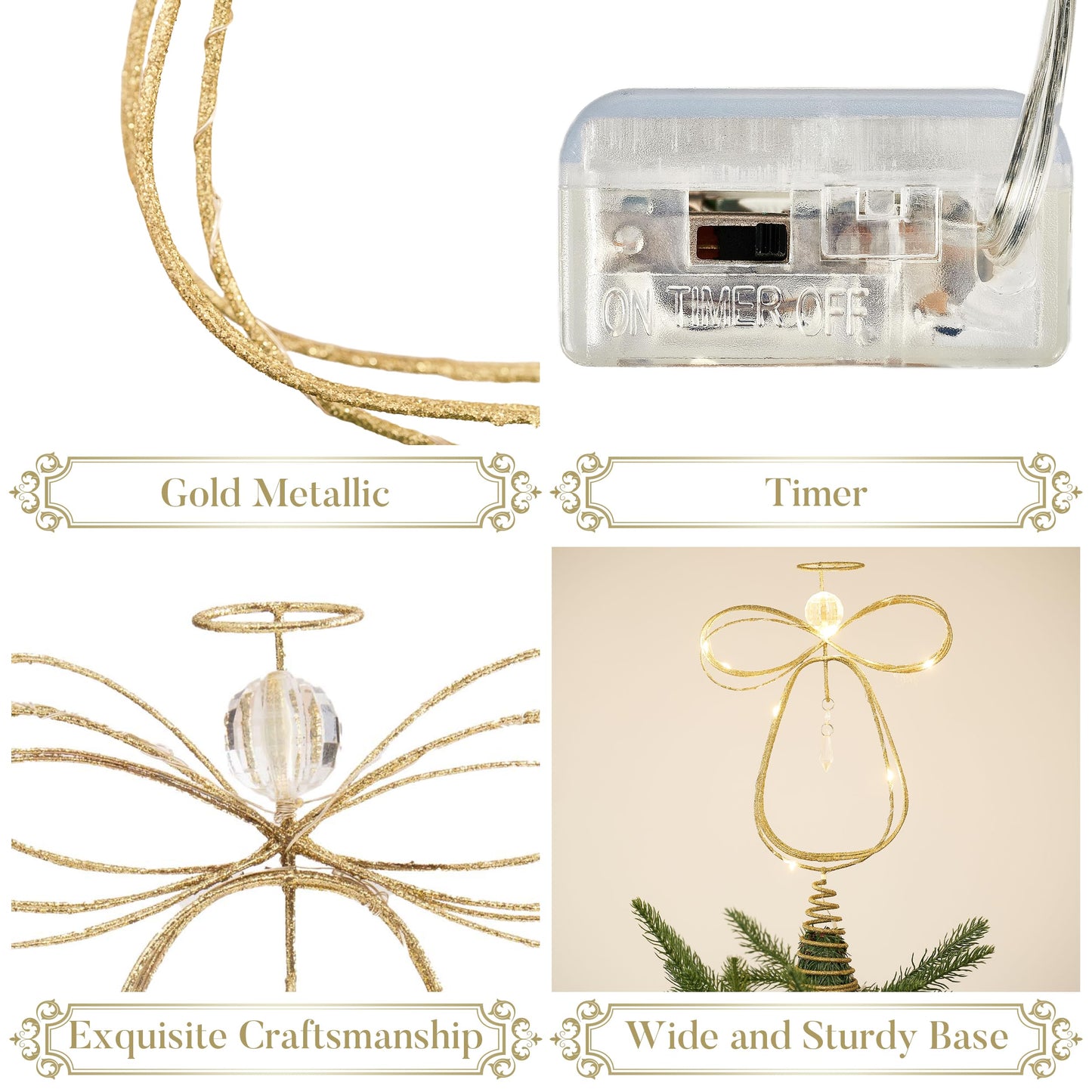 Valery Madelyn Lighted Christmas Tree Topper Angel with Timer, 10 Inch Pre-Lit Gold Metal Small Angel Tree Topper with Lights for Christmas Tree Decoration Indoor, Battery Operated, Valentines Gifts
