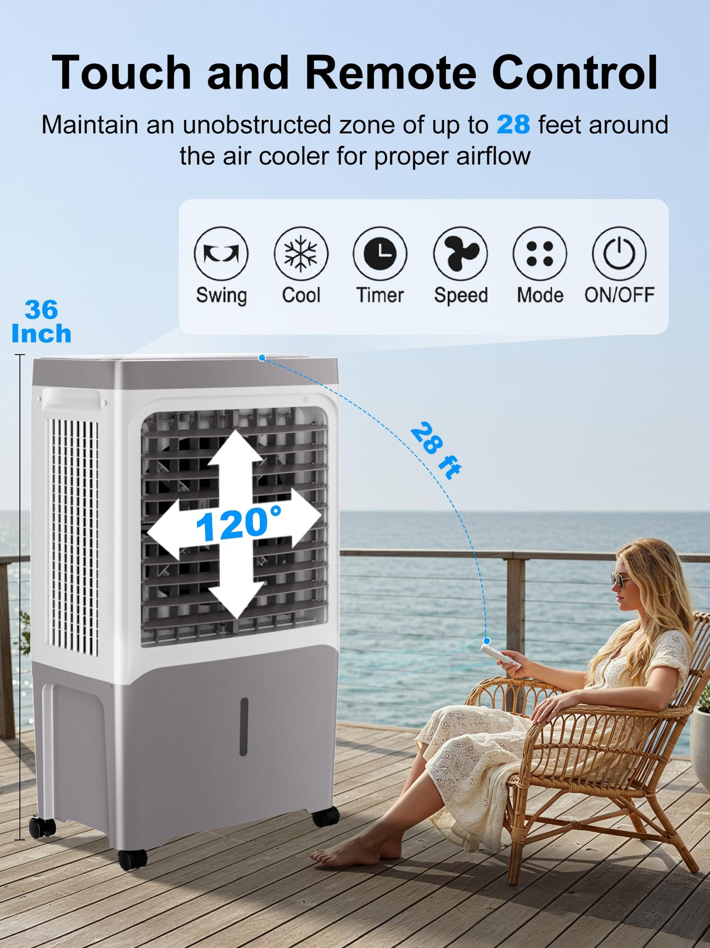 Uthfy Swamp Cooler, 2800 Cfm Evaporative Air Cooler With 7 Gal Water Tank, Remote Control, 12 H Timer, 120 Oscillation, 3 Speed,
