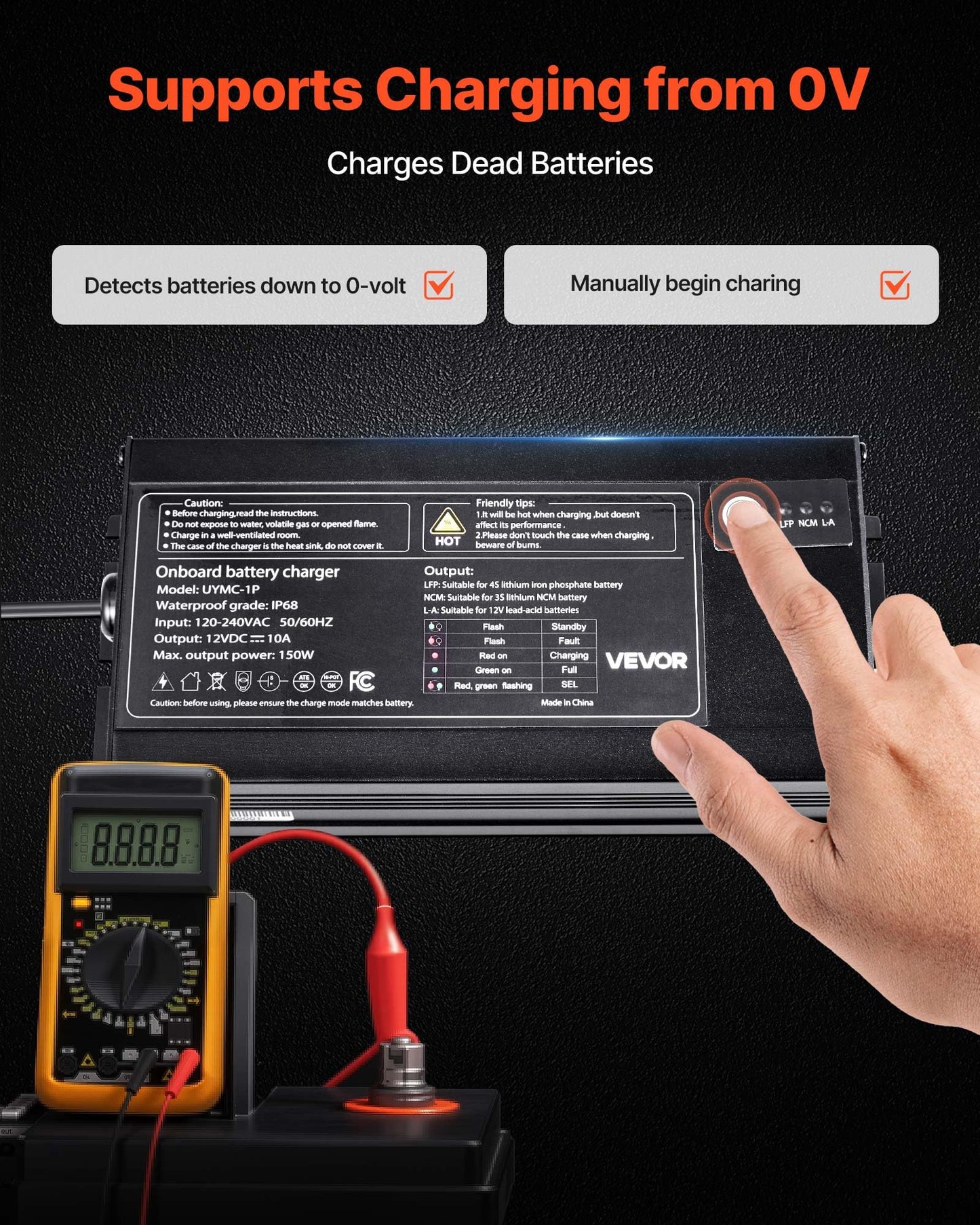 Vevor Marine Battery Charger, 1-Bank, 10A 12V Onboard Boat Charger, Ip68 Waterproof Smart On-Board Battery Charger, For Lithium-