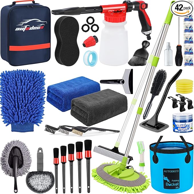 AUTODECO 42Pcs Car Wash Detailing Kit Cleaning Set with Foam Gun Sprayer, Long-Handle Brush, Collapsible Bucket, Large Was...