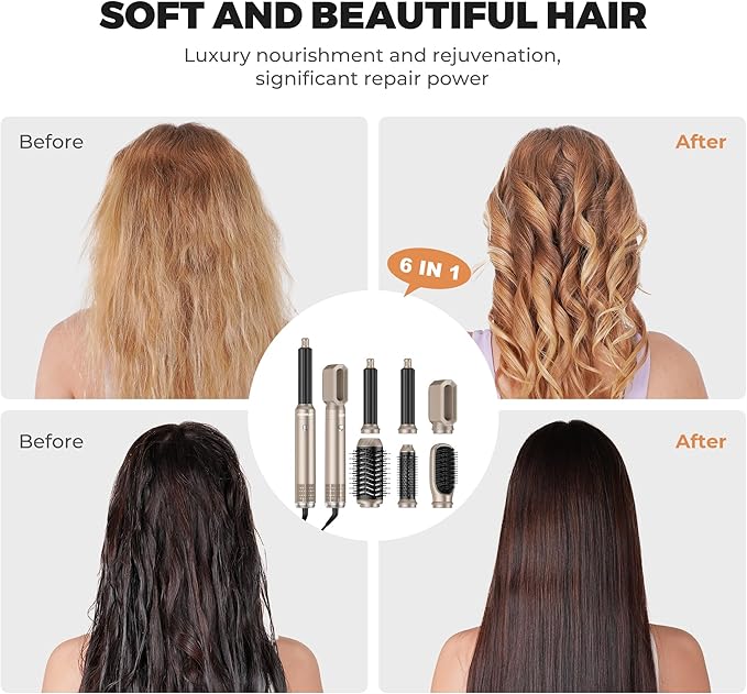 6 in ONE Hair Dryer Brush, Blow Dryer Curling Wand Hair Styling Tools Set, Ionic Hot Air Massage Oval Blowout Hair Dryer, Left&Right Hair Styler 100-120V