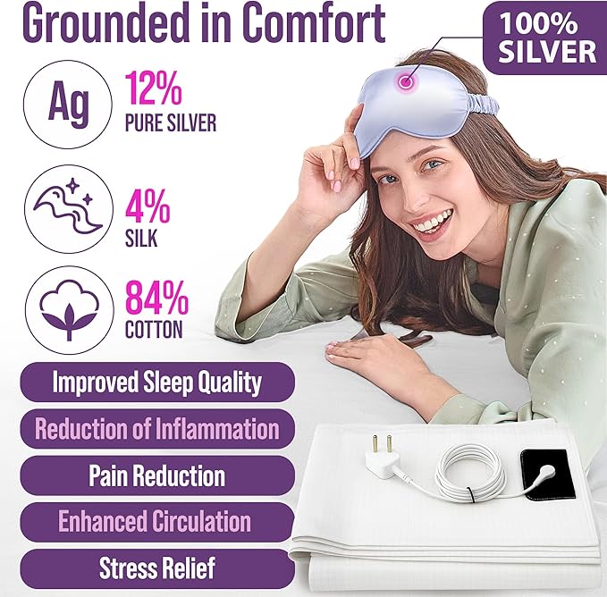 Earth Grounding Sheets Twin Size with 12% Silver Fiber & 4% Silk & 84% Cotton - White - SGS Quality Certified Grounded Well Bed Sheet - Conductive Fitted Sheet for Better Sleep
