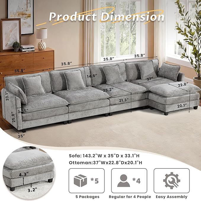 SoarFlash 149.61" Chenille Sectional Sofa, Comfy L Shaped Modular Coush Sofa with Ottoman, Modern 4 Seat Couch Deep Seat Sofa Set for Living Room,Grey
