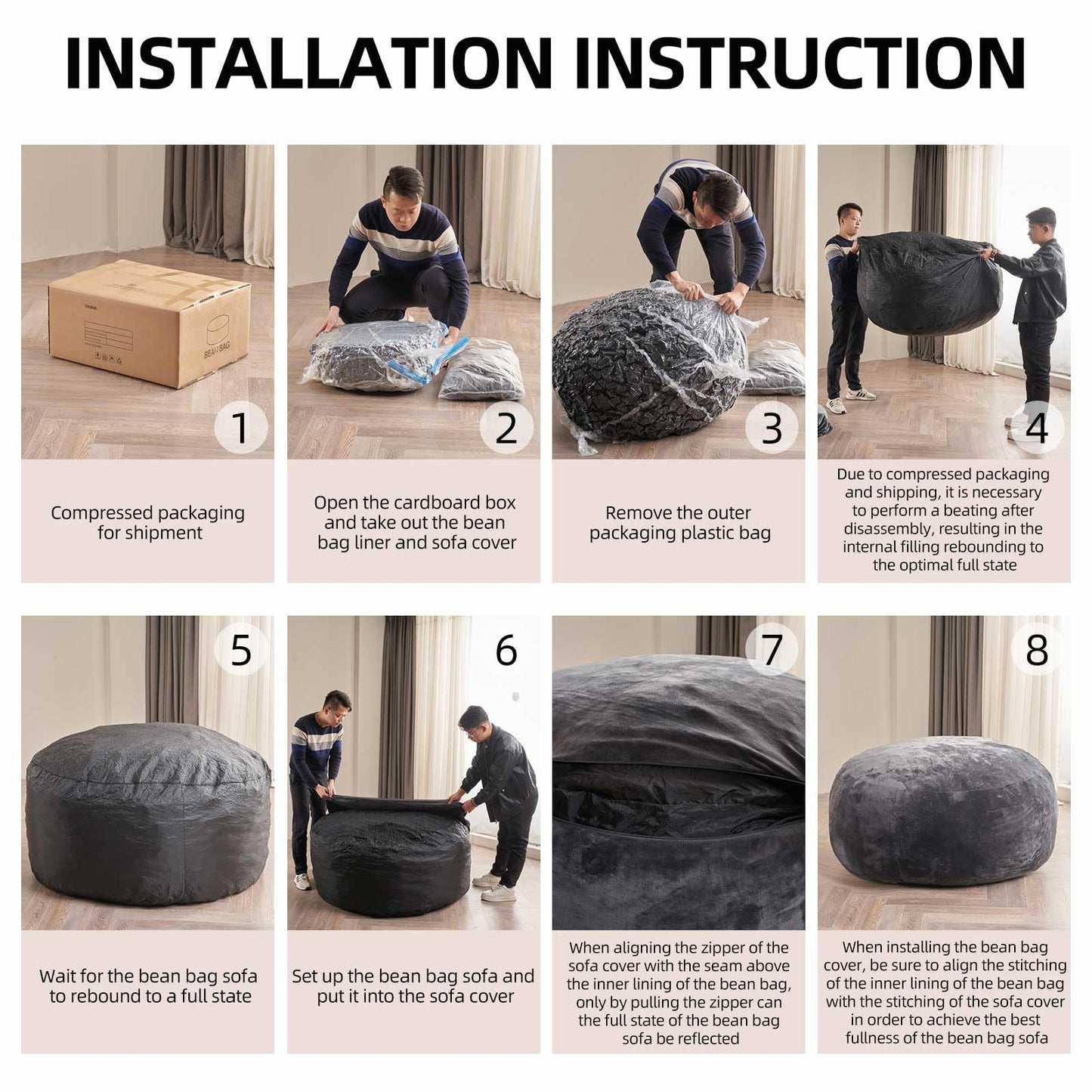 Bean Bag Chair 5Ft, Memory Foam Filled, Large Beanbag Chairs for Adults and Teens, Soft Sofa with Removable Flannel Cover, Round Couch for Living Room Bedroom College Dorm (Black, 5FT-60×60"×24")