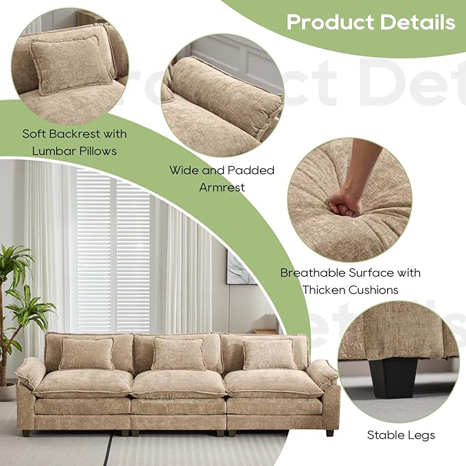 Oprisen 120" Modular Sectional Sofa, Comfy Cloud Couch Sectional, Chenille Sofa Sleeper Deep Seat Sofa with Throw Pillows for Living Room (Khaki, 120"- 3 Seater)