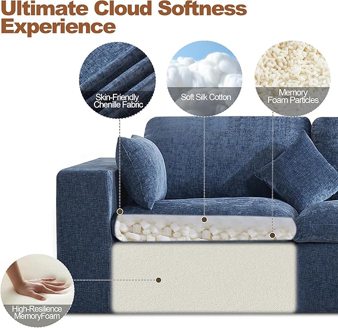 115'' Cloud Boneless Sectional Couch, Modular Sectional Sofa Deep Seat with 2 Ottomans, Oversized Upholstered Convertible Comfy 5 Seater Chenille Sofa U Shape Couches for Living Room, Blue