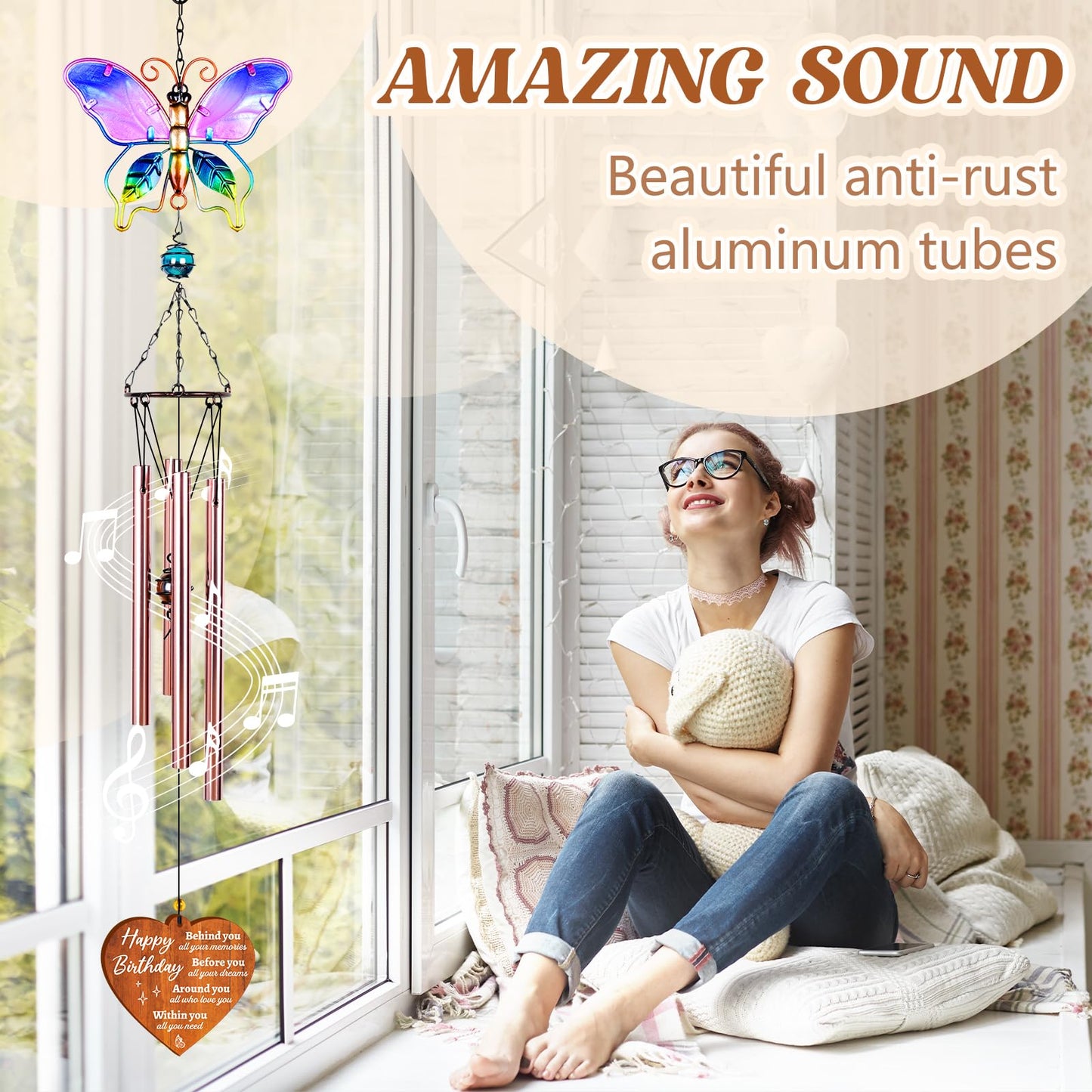 Birthday Gifts for Women, Happy Birthday 20th 30th 40th 50th 60th Gifts for Women Friendship, Friends Sister Bestie BFF Coworker Mom Gift for Birthdays, Unique Garden Decor Birthdays Wind Chimes