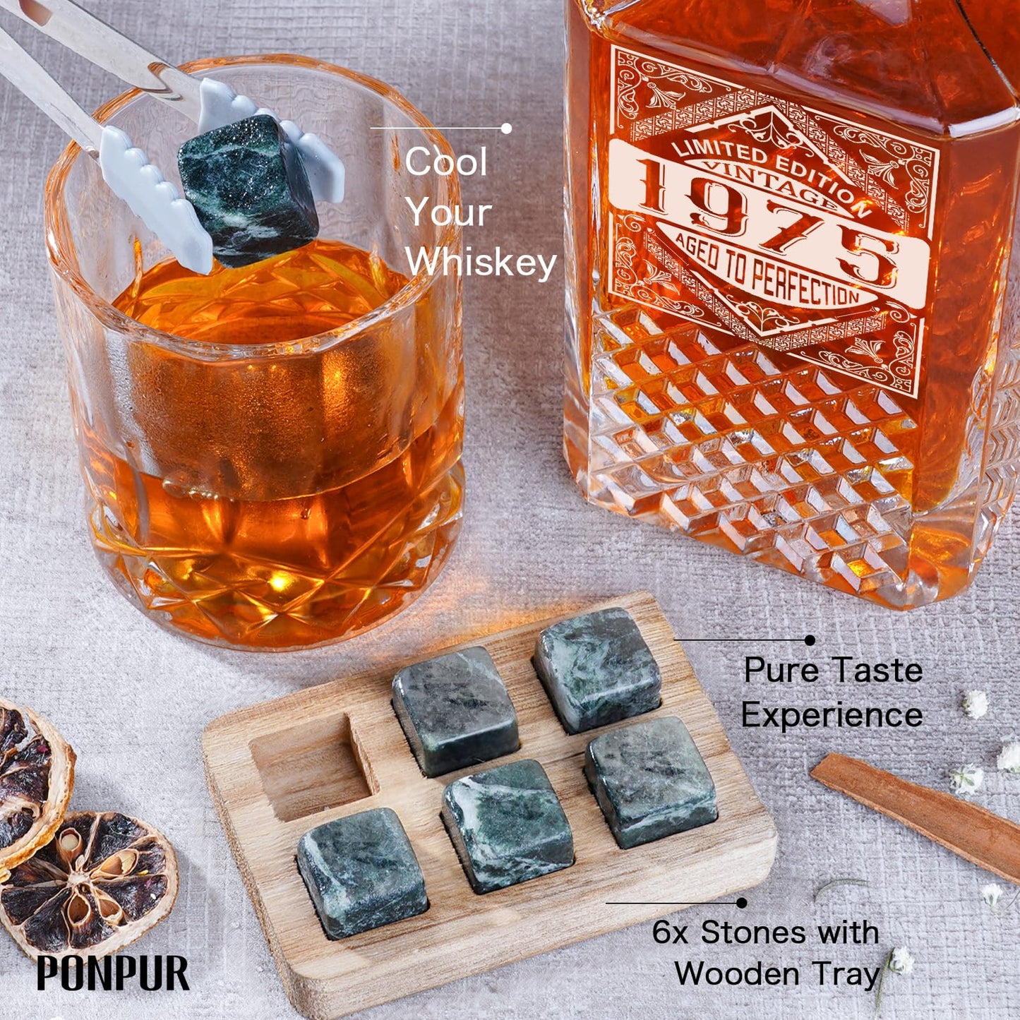 PONPUR 50th Birthday Gifts For Men Dad, 1975 Laser Whiskey Decanter Set with Gift Box, Anniversary Birthday Gift Ideas for Him Husband, 50 Years Bday Decorations, Whiskey Glasses & Whisky Stones Inc.