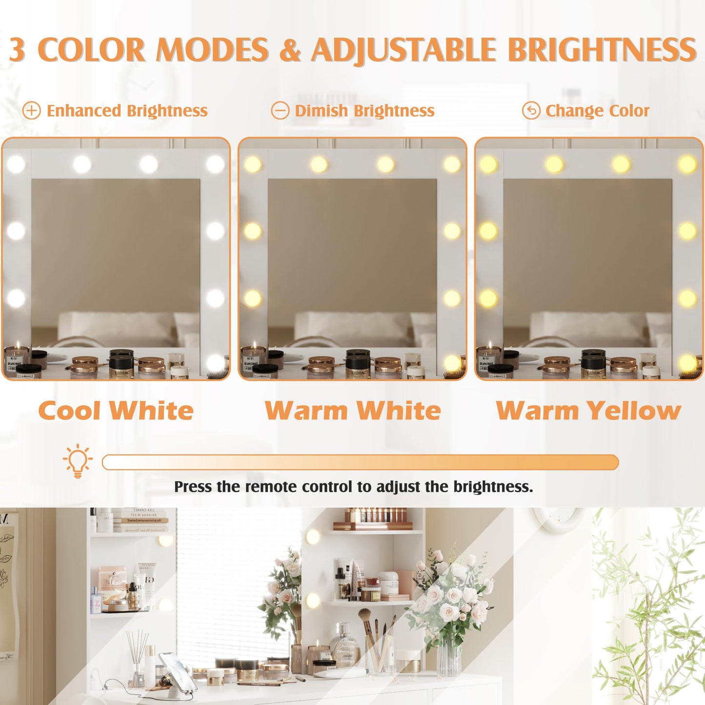 YESHOMY Vanity Desk with Mirror, Power Outlet and 10 Lights, Makeup Table with 7 Drawers, 3 Color Modes Available for Bedroom, White