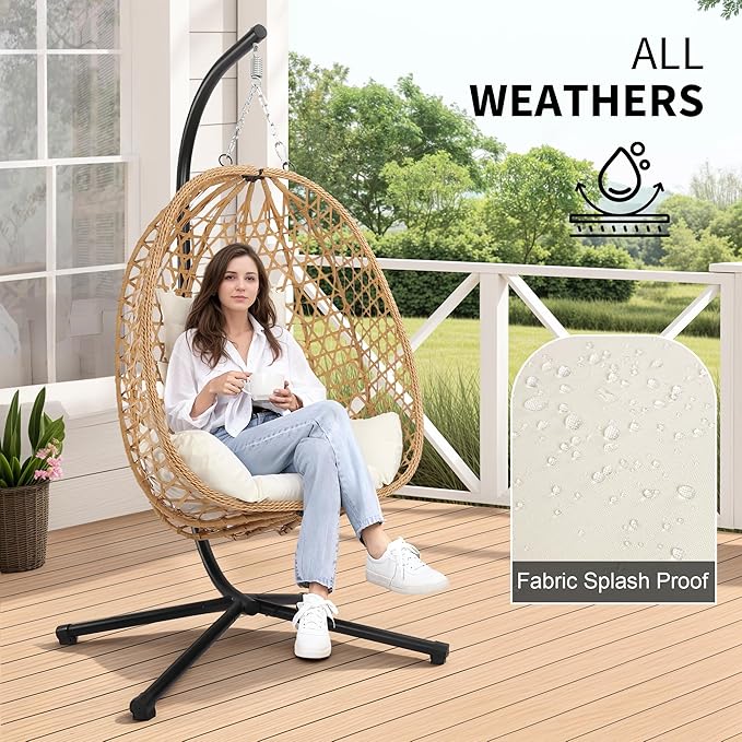 LEX CRAFT Egg Chair with Stand, Patio Wicker Hanging Chair, Hammock Swing Chair, 350LBS Capacity for Bedroom, Balcony, Garden (YE-BE)