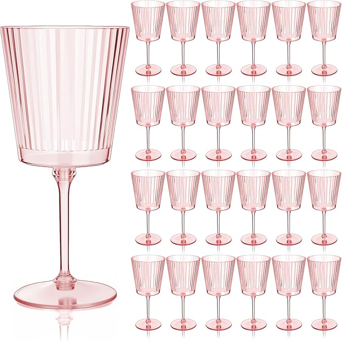 Domensi 24 Pack Plastic Wine Glasses Disposable 13 oz Ribbed Wine Glasses with Stem Unbreakable Reusable Cocktail Cups for...