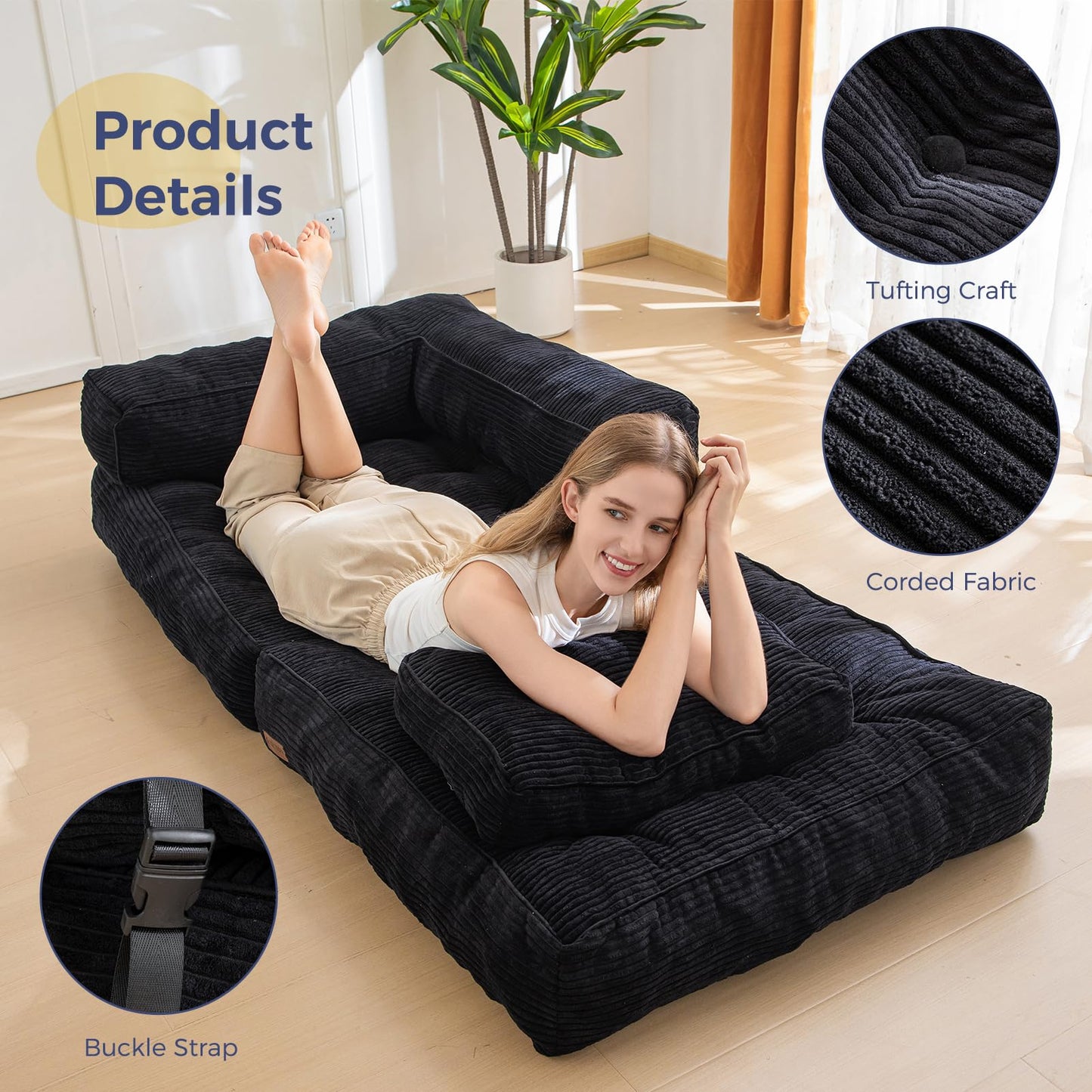 MAXYOYO Folding Sofa Bed, L-Shaped Convertible Sofa with Armrest Foldable Sleeper Bed with Pillow, Portable Fold Out Chair Comfy Floor Lounge for Living Room Bedroom, Black