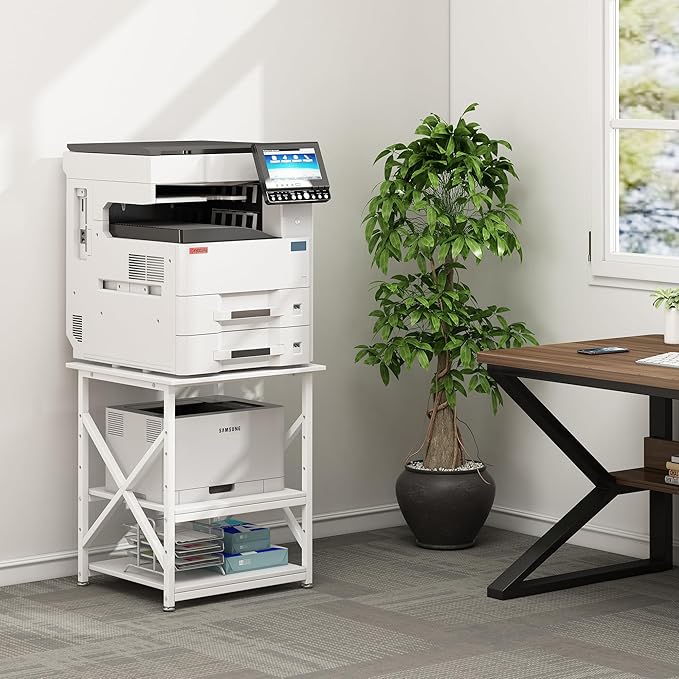 Fannova Large Printer Stand with Height Adjustable Storage Shelf, 23.6 x 23.6 Inches Square Printer Table with Industrial Wheels, Multi-use 3 Tier Rolling Printer Cart for Home Office - White