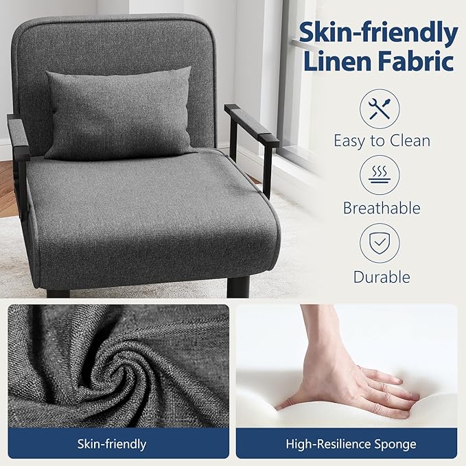 Furniliving 4 in 1 Folding Sofa Bed Chair, Convertible Sleeper Chair Bed with 6-Position Adjustable Backrest, Upholstered Chaise Lounge with Pillow, Accent Chairs for Bedroom/Office, Linen, Darkgrey