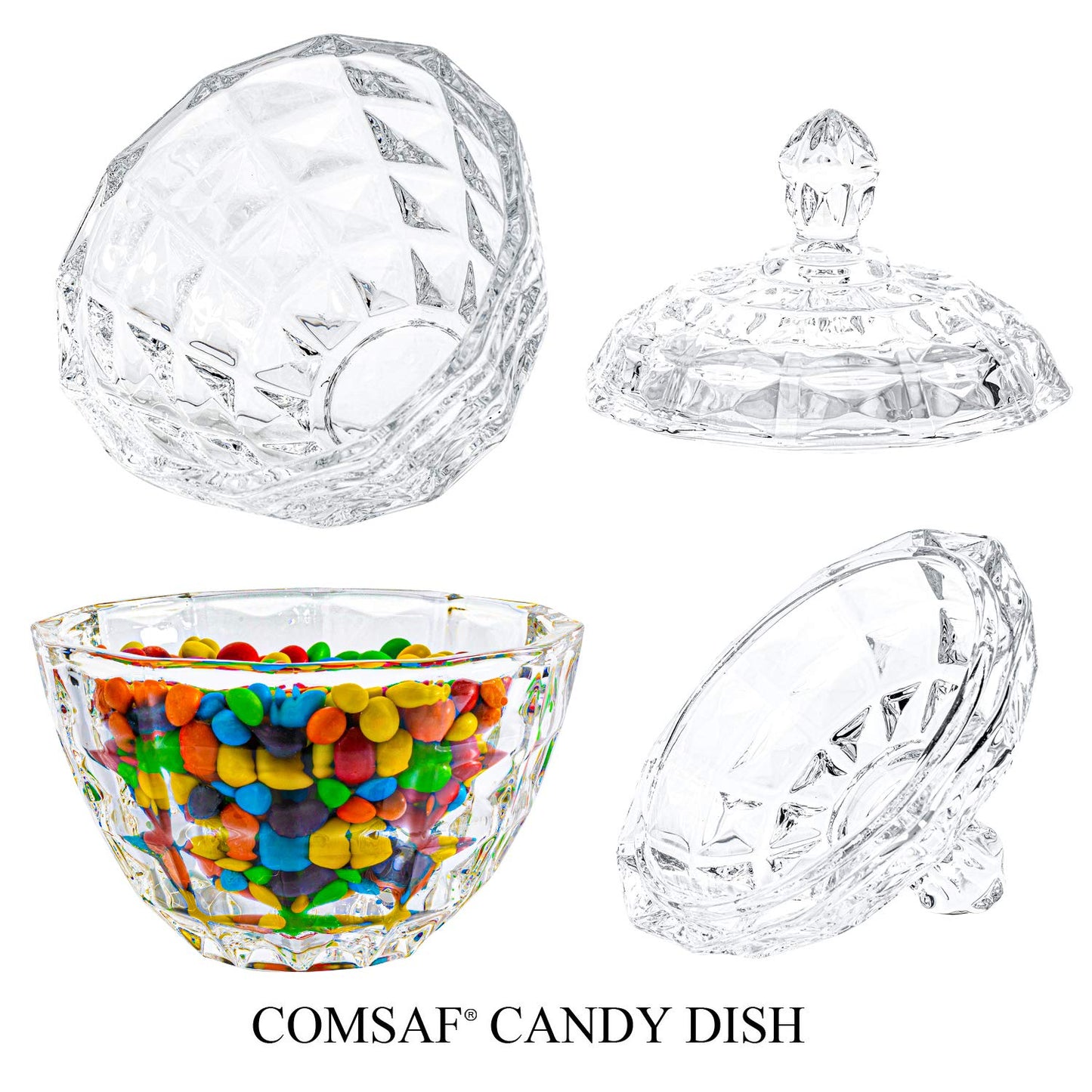 ComSaf Glass Candy Dish with Lid, 9OZ Small Candy Jars with lid for Office Desk, Covered Candy Dish for Office Desk, Decorative Cute Glass Jar, Jewelry Box for Wedding Party Buffet Decor