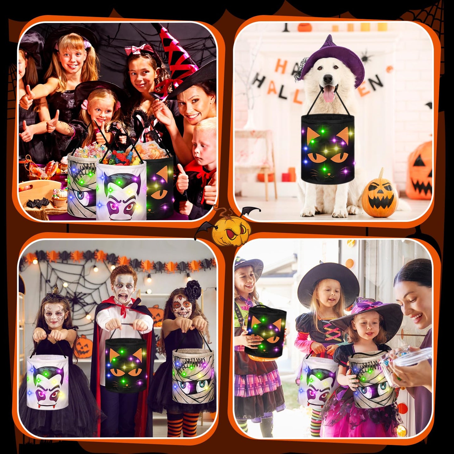 Sanwuta 3 Pcs Lighted Halloween Trick or Treat Bucket 10 x 10.5 Inches LED Spooky House Castle Bag Reusable Goody Candy Bucket for Kids Trick or Treat Halloween Birthday Party Favor Supplies(Novelty)