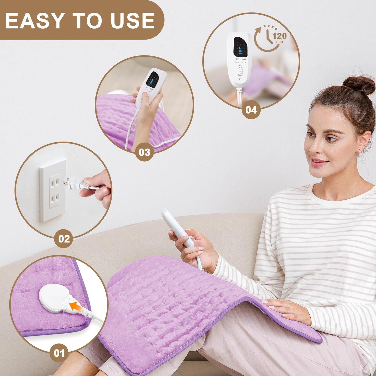 Deepsoon Heating Pad,Electric Heating Pads for Back,Neck,Abdomen,Moist Heating Pad for Shoulder,Knee,Arms,Legs,Dry/Moist Heat & Auto Shut Off,Christmas Gifts for Men and Women,Light Purple,24x20 Inch