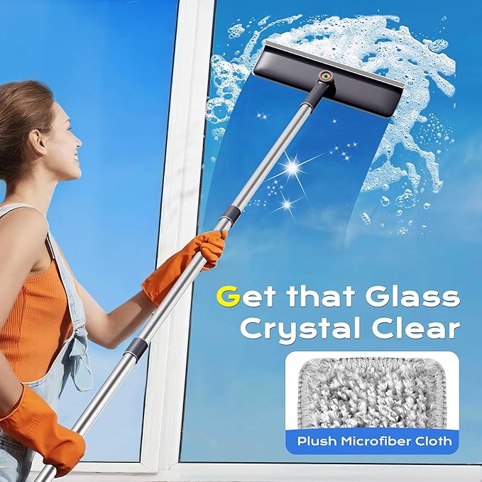 3 in 1 Window Squeegee for Home with 55" Lightweight Extension Poles Streak-Free Microfiber Scrubber for Outdoor/Indoor Windows, Shower Glass Door, Car Windshield, RV/Camper Windows