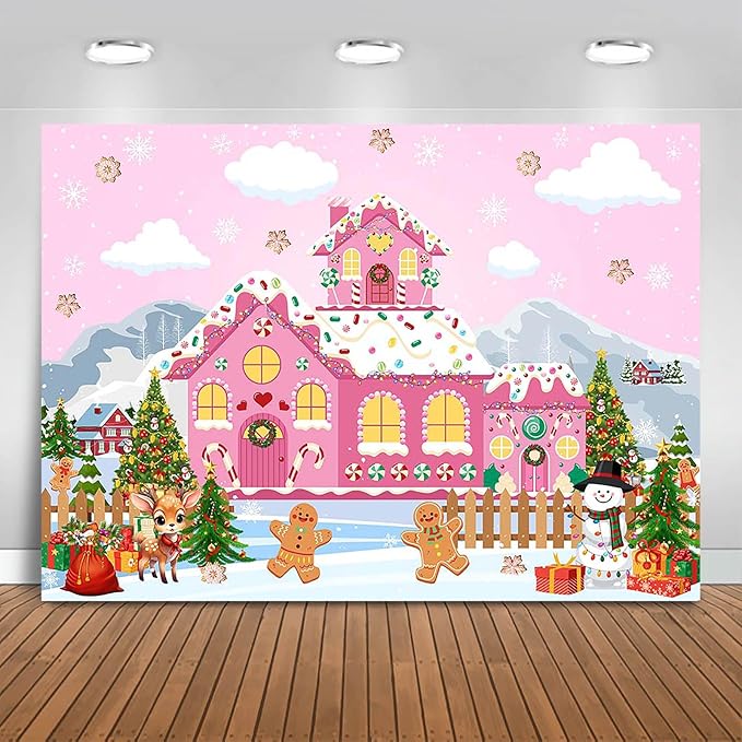 Fitumiw Pink Gingerbread House Backdrop 7x5ft Merry Christmas Photography Background Party Decorations Pink Candy House Ba...