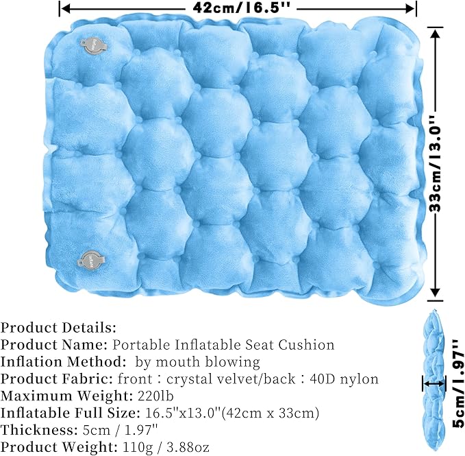 YEEKORO Inflatable Seat Cushion, Lightweight Camping Air Sitting Pad with Repair Cloths, Waterproof Air Seat Cushion, Portable Push-Press Seat Cushion for Airplane Travel Hiking Office Stadium Seat