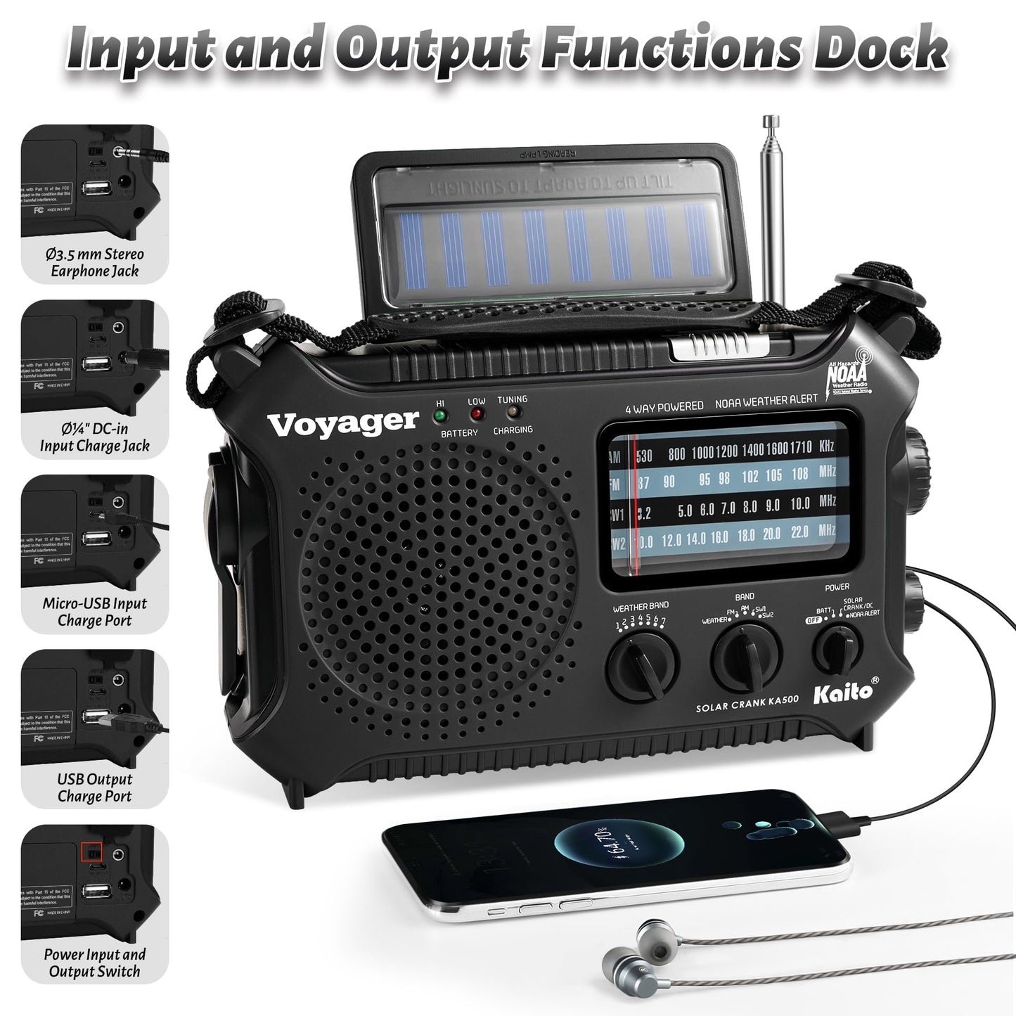 Kaito Ka500 5-Way Powered Emergency Am/Fm/Sw Noaa Weather Alert Radio With Solar,Dynamo Crank,Flashlight And Reading Lamp, Color