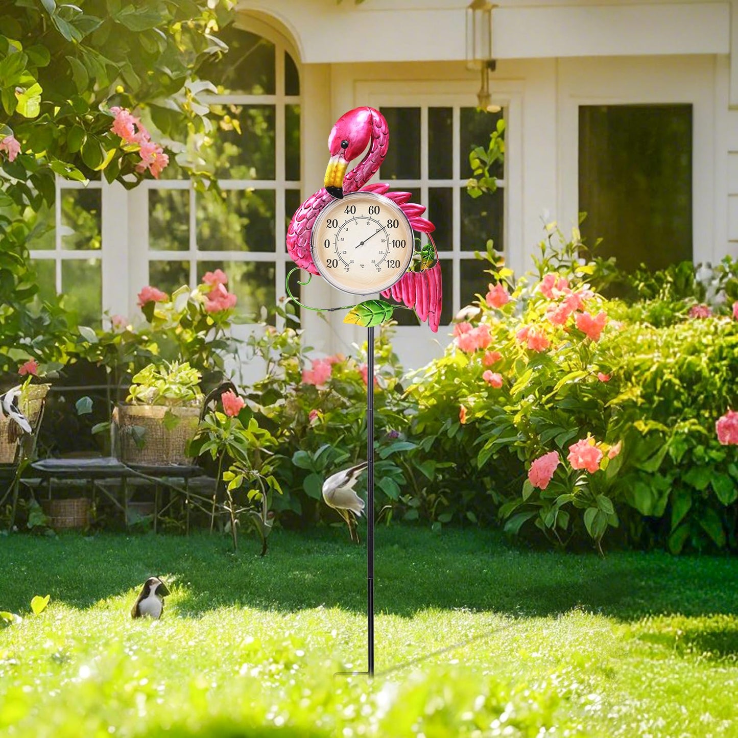 MUMTOP Outdoor Thermometer, 42 Inch Metal Flamingo Solar Lights with Stake for Patio, Yard and Garden