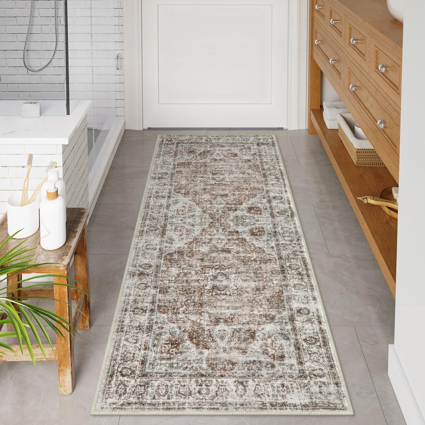 Uphome Bathroom Runner Rug, Distressed Tribal Farmhouse Khaki Bathroom Mat, Large Bathroom Rugs Non Slip Washable, Oriental Retro Boho Bath Mat Runner for Bathtub Sink Hallway, 24x59 inch