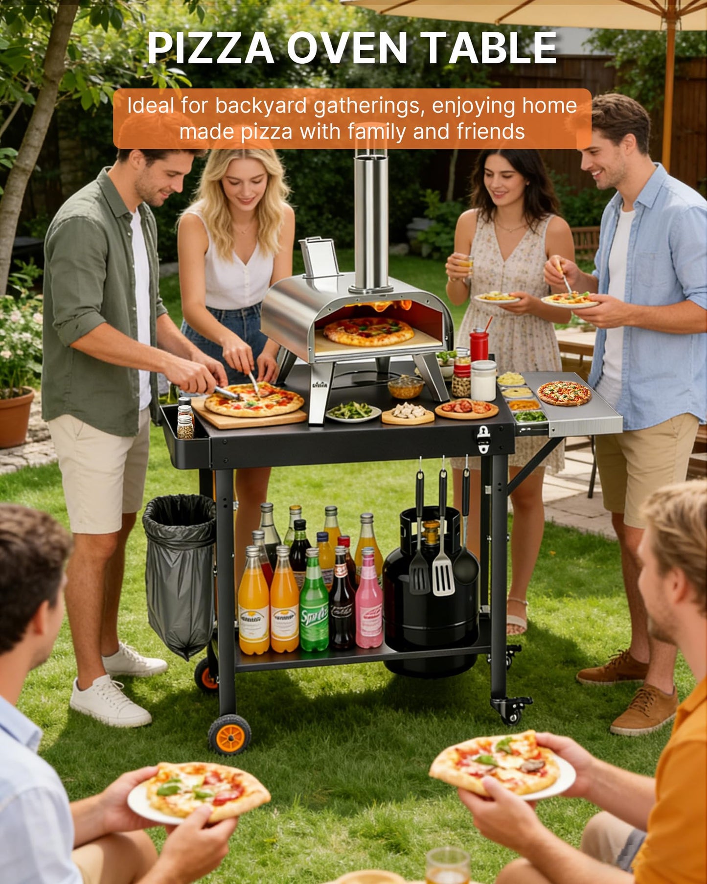 GANGSHELO Outdoor Pizza Oven Table with Topping Station, Portable Pizza Oven Cart with BBQ Prep Tables Station for Ninja Woodfire Grill, Blackstone Griddle, Tabletop Grill