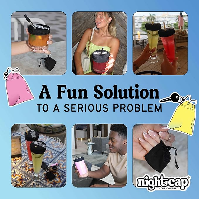 NightCap - The Original Drink Cover Scrunchie, as seen on Shark Tank - Anti Spike Drink Covers - Drink Protector Scrunchie for Women - Fits Most Cups & Glasses, Reusable - Black