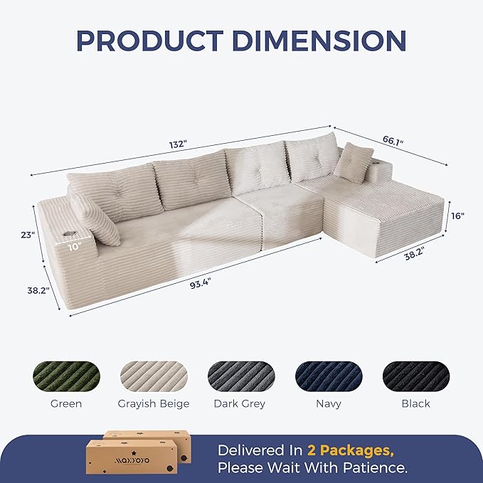 MAXYOYO 132" Oversize Modular Sectional Couch with L-Shape Chaise, Modern Boneless Couch for Living Room, Sofa in A Box, Oversized Sofa Sleeper with Deep Seat, No Assembly Required, Grayish Beige