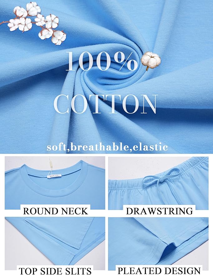 Ekouaer Womens 100% Cotton 2 Pieces Short Sets Summer Short Sleeve Outfits Casual Maching Lounge Set with Pockets