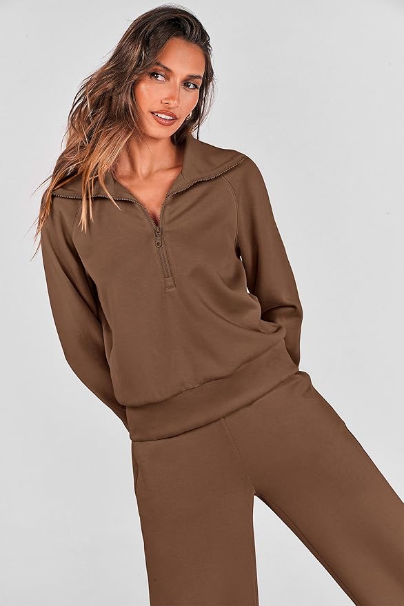PRETTYGARDEN Women's 2 Piece Outfits Casual Lapel Half Zip Sweatshirts and Wide Leg Pants Tracksuit Sets