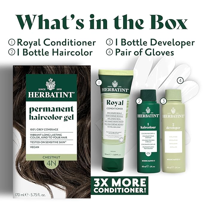 Herbatint Permanent Hair Dye - 4N Chestnut - For Up To 100% Gray Coverage of Resistant Gray Hair - Ammonia-Free, Alcohol-Free & Vegan - Salon Influenced Hair color 5.75 fl oz (4 Pack)