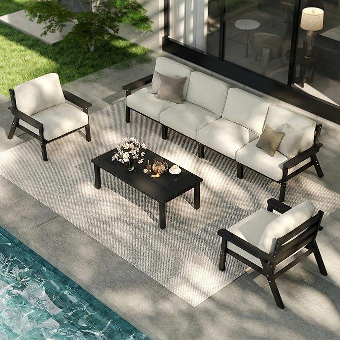 Patio Kingdom Patio Furniture Set 7 Seats, HDPE Outdoor Sectional with Beige Washable Thick Cushions, Coffee Table, Patio Conversation Sets for Lawn, Garden, Porch, Balcony, Deck (Black Frame)