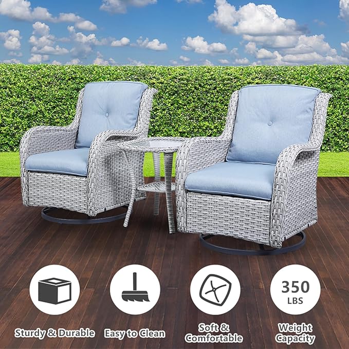 Belord Outdoor Swivel Rocker Patio Chairs Set of 3, High Back Swivel Patio Chairs Wicker Furniture Set, 2 PCS Rattan Swivel Rocking Chair with Side Table, Light Grey Wicker