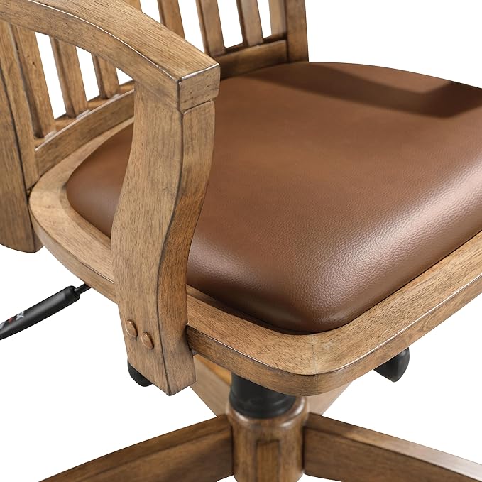 OSP Home Furnishings Deluxe Wood Banker's Desk Chair with Padded Seat, Adjustable Height and Locking Tilt, Fruitwood Finish and Brown Vinyl
