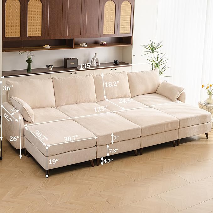 Rexulqo 135'' Modular Sectional Sofa with Seats Storage, Oversized Sleeper Sofa Bed,4-Seater Comfy Cloud Couches with Movable Ottoman,24.5'' Deep Seat,Big Sofas for Living Room,Bedroom,Velet,Cream