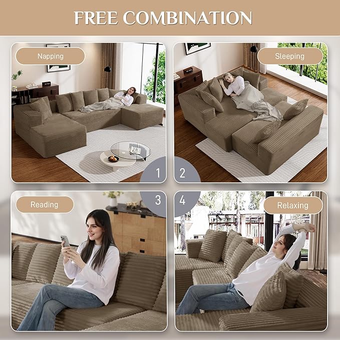 Modular Sectional Sofa, 130" U Shaped Cloud Couch Plush Corduroy Comfy Deep Seat Boneless Sofas with 8 Pillows Double Chaise Lounge Sectional Couches with Memory Foam for Living Room - Camel