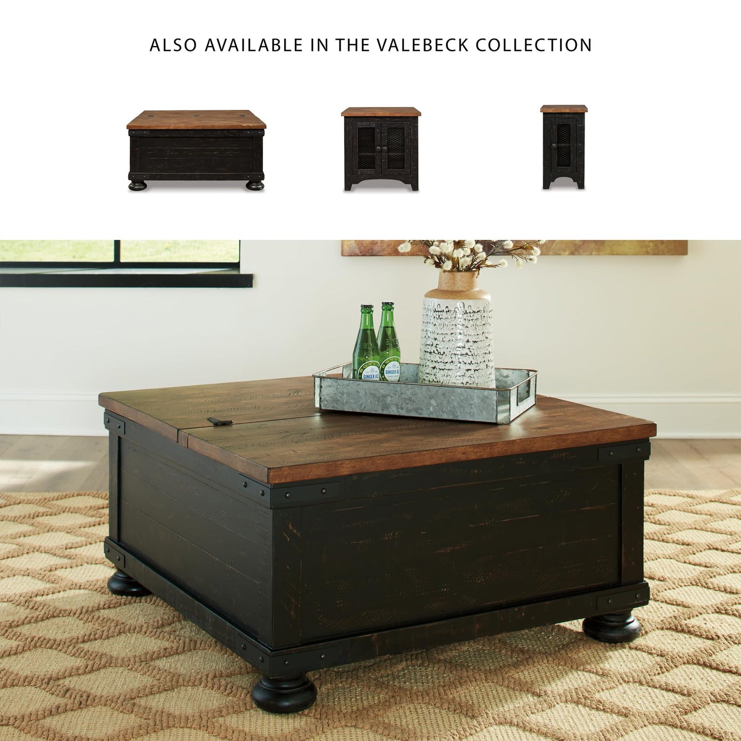 Signature Design by Ashley Valebeck Lift Top Coffee Table, Storage, Split-top Design, Wood, 36" W x 36" D x 18" H, 2-tone Distressed Brown & Black Finish