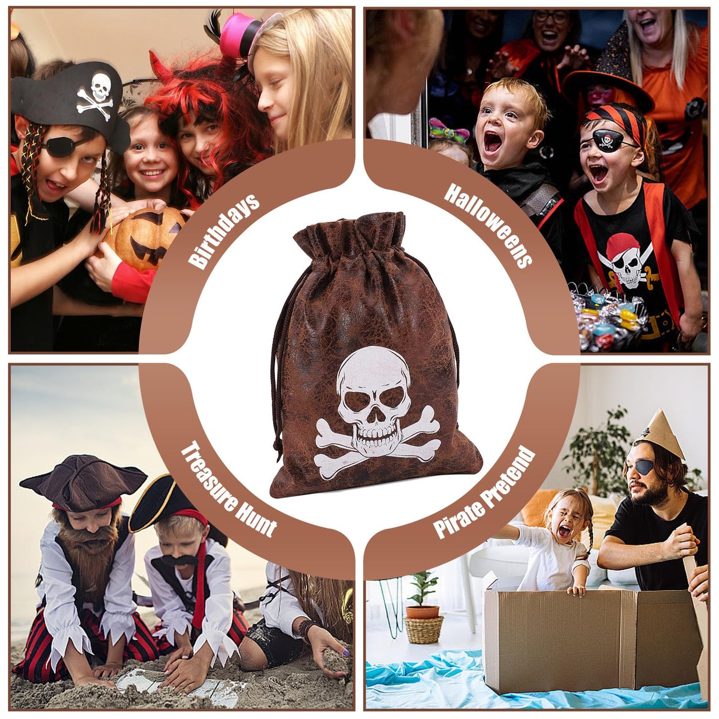 RICHNESS Pirate Loot Bags Goodie Bags with Drawstring 4.5 x 6.5 Inches Faux Cow Skin Pirate Treasure Bags for Pirate Party Favors Pack of 12