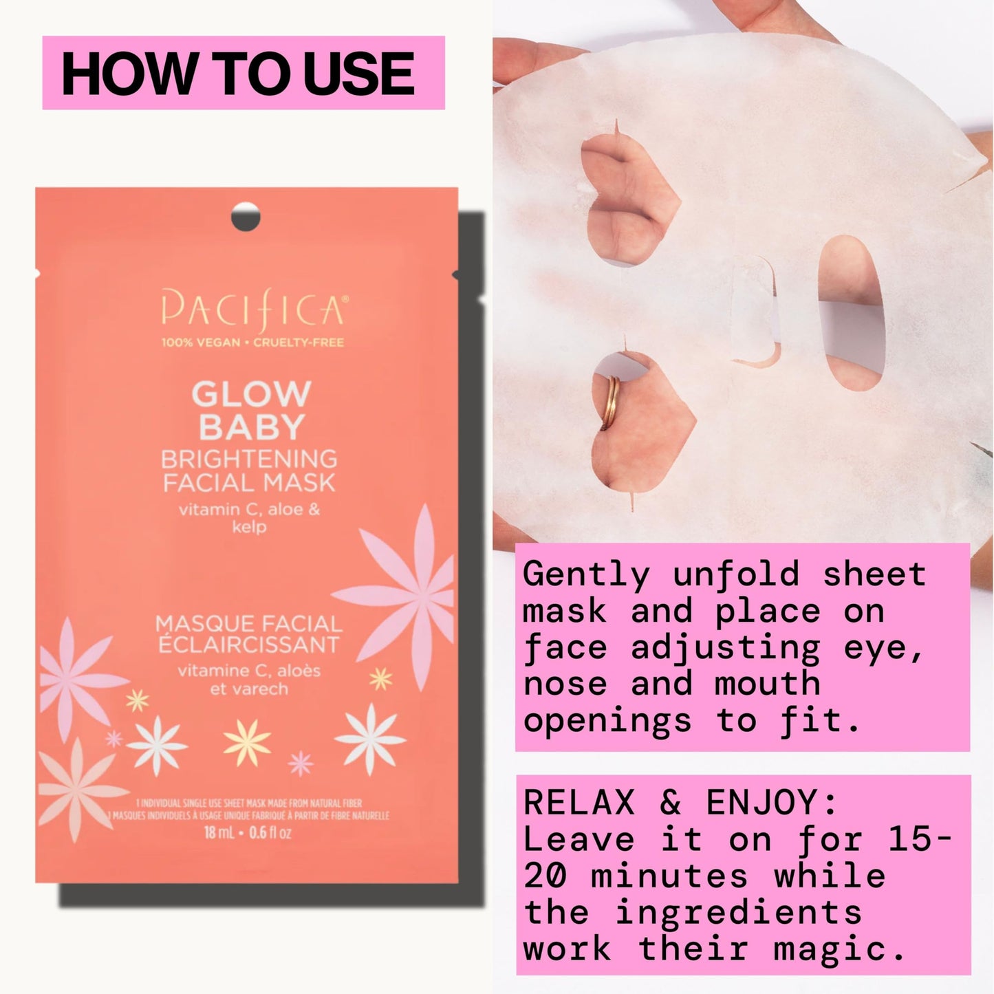 Pacifica Sheet Face Mask - 6 Pack - Glow Baby Brightening Facial Mask w/Vitamin C, Aloe & Kelp - Cooling Mask for Dark Spots & F