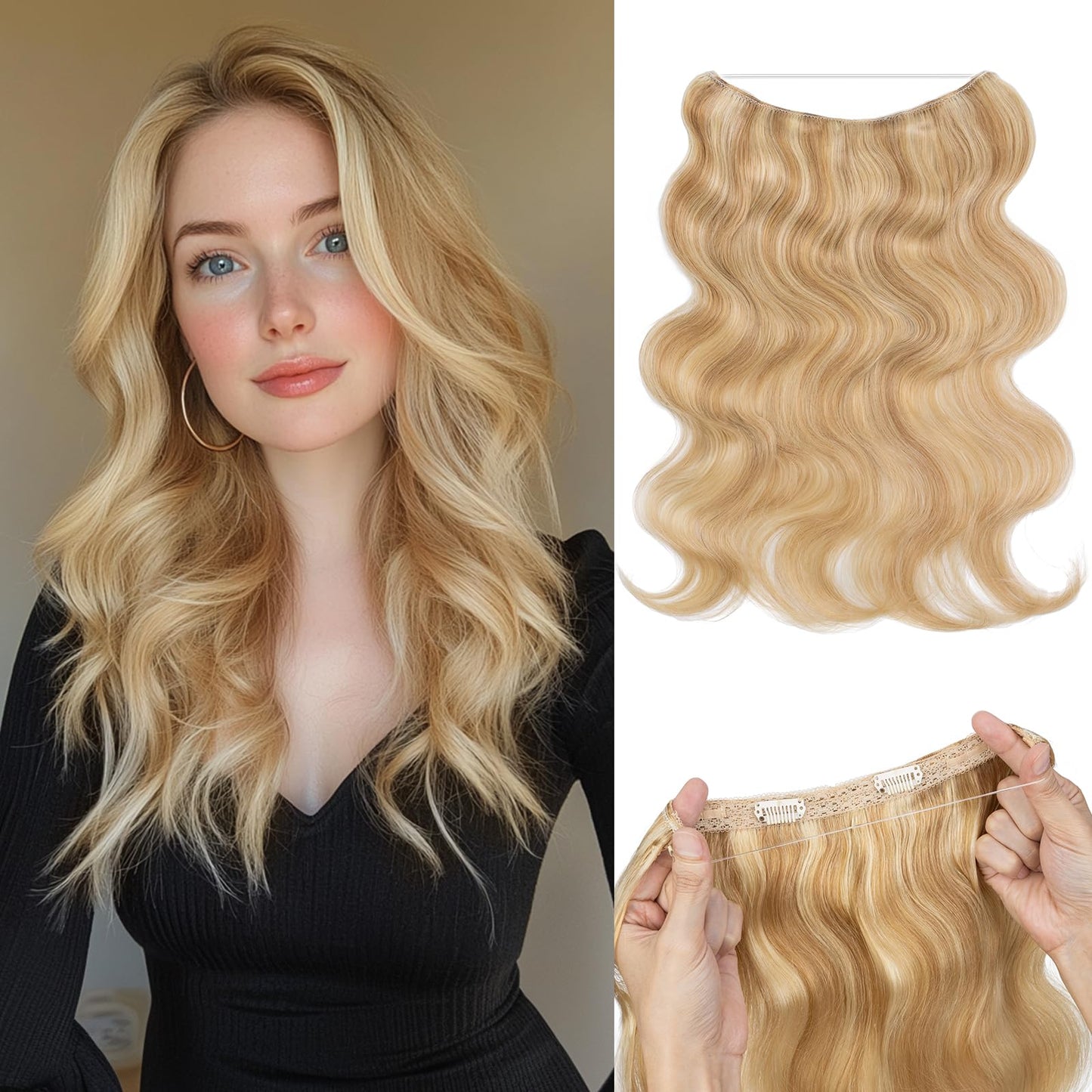 S-noilite Wavy Halo Hair Extensions Real Human Hair,20Inch Invisible Wire Hair Extensions,2 Clips Halo Extensions for Women(Ash