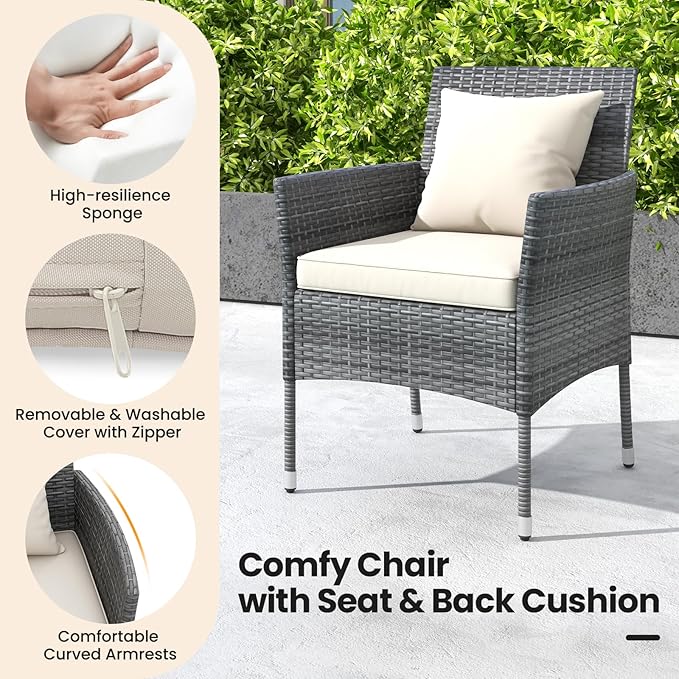 KOTEK 3 Pieces Patio Furniture Set, PE Rattan Outdoor Conversation Set with Tempered Glass Table & Soft Cushions, Wicker Bistro Set for Garden, Porch, Balcony (Off White)