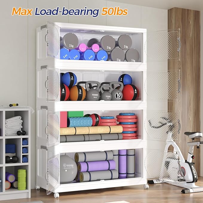 160GAL Plastic Storage Bins with Lid, 640QT Extra Large Stackable Closet Organizers and Storage, Collapsible Storage Boxes with Wheels, Folding Cabinet for Home Kitchen Office, 4Pack White