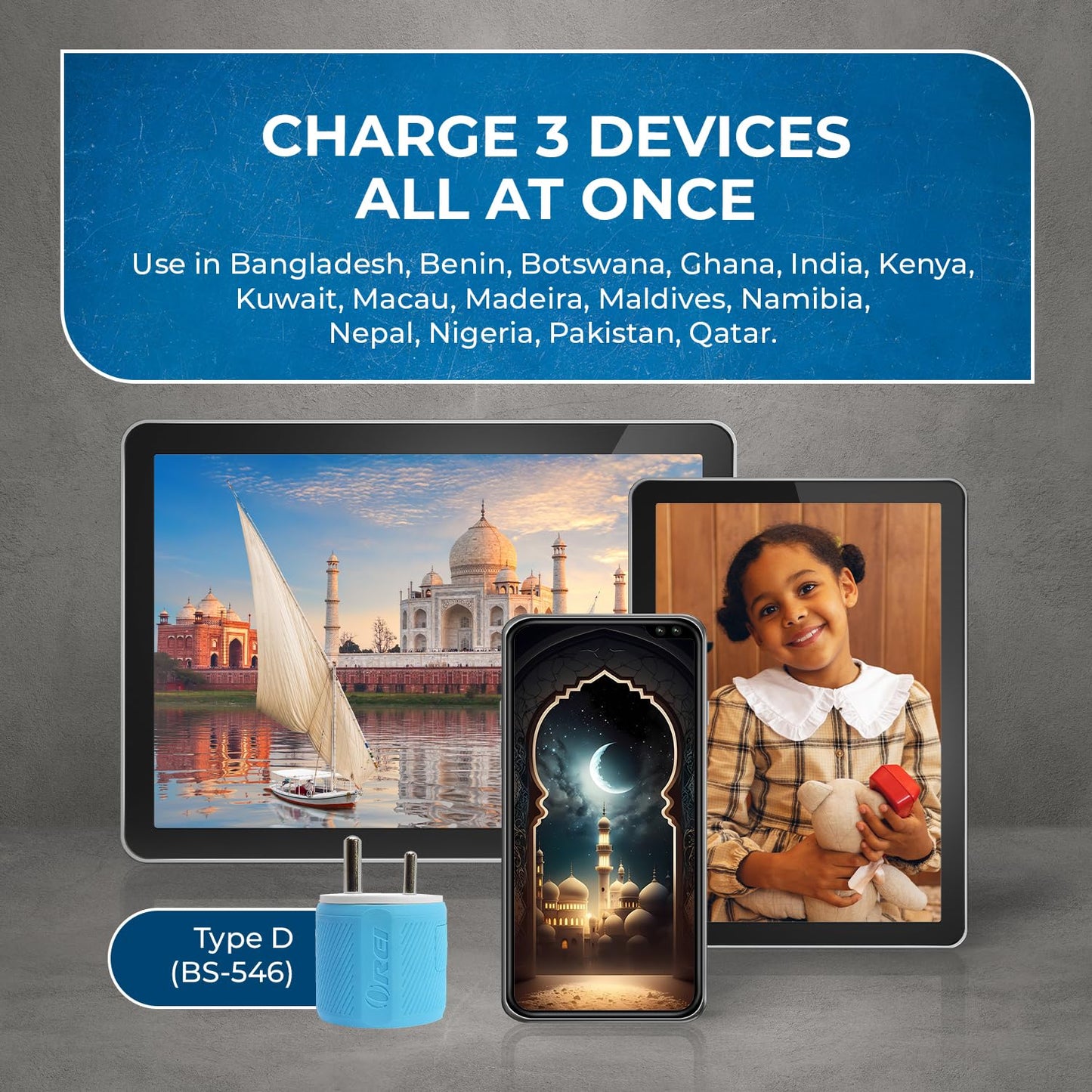 Orei 3 In 1 India Plug Adapter (Type D Travel Adapter) With 2 Usb Inputs And 1 Type B Input - Ce & Rohs Certification - Plug Ada