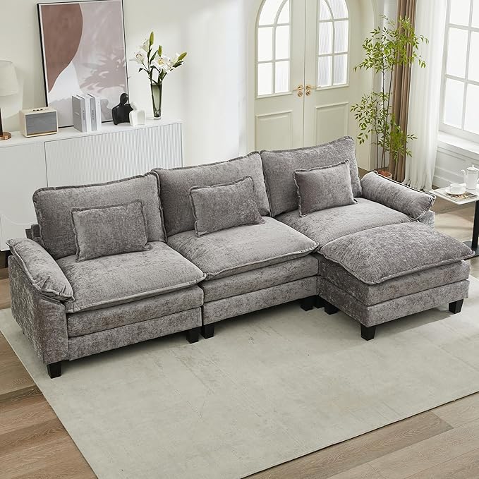 URRED Cloud Couch Modular Sectional Sofa, 122'' Modern L Shaped Deep Seat Sofa with Ottoman & Pillows, Ultra Comfy Chenille Couches for Living Room, Bedroom or Apartment, Gray