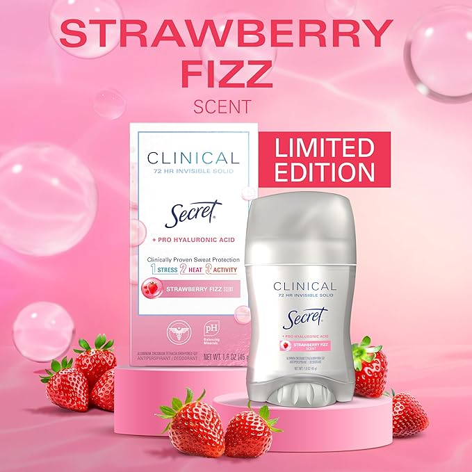 Secret Clinical Strength Antiperspirant Deodorant for Women, 3X Stress Protection, 72hr Sweat & Odor Protection, Pro-Hyaluronic Acid, Invisible Solid, Strawberry Summer Fizz Scent, 1.6 oz